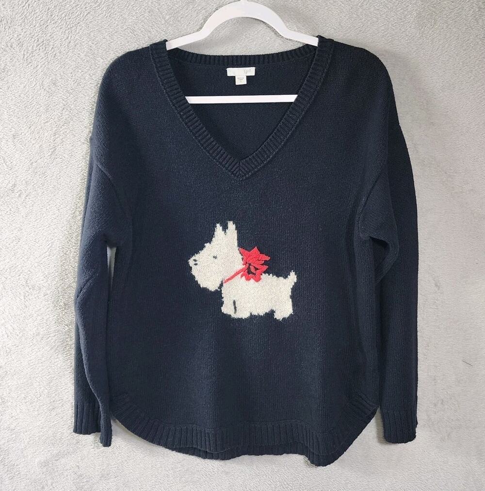 J J Black Sweater Scottie Dog Graphic Knit Pullover V Neck Blue Womens Small